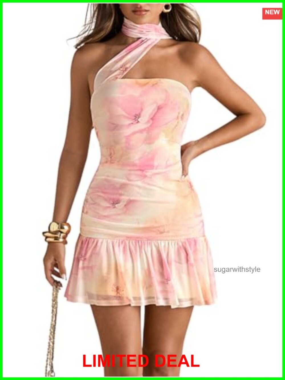Floerns Women's Floral Mini Halter Dress Bodycon Ruffle Dress with Scarf
